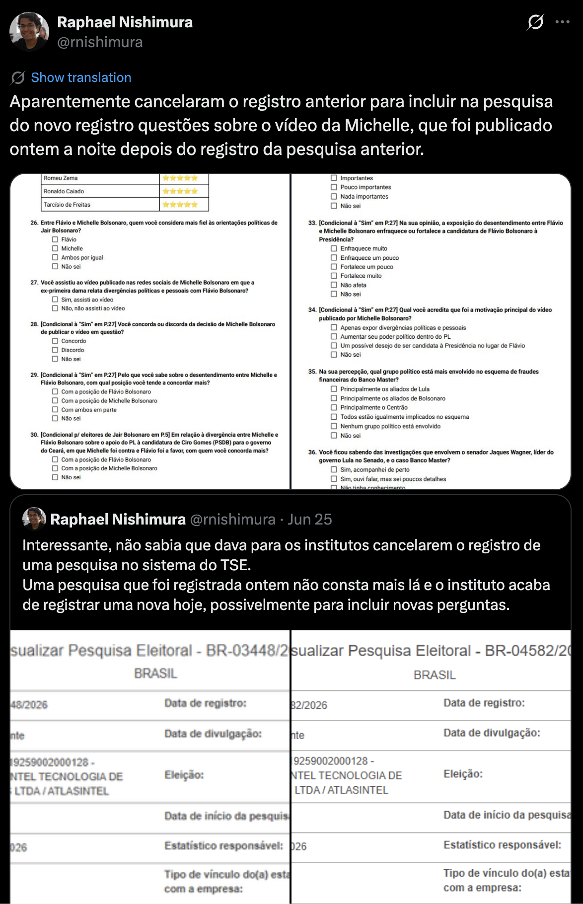 Captura de Raphael Nishimura sobre o cancelamento e substituição do registro anterior da Atlas para incluir perguntas sobre Michelle