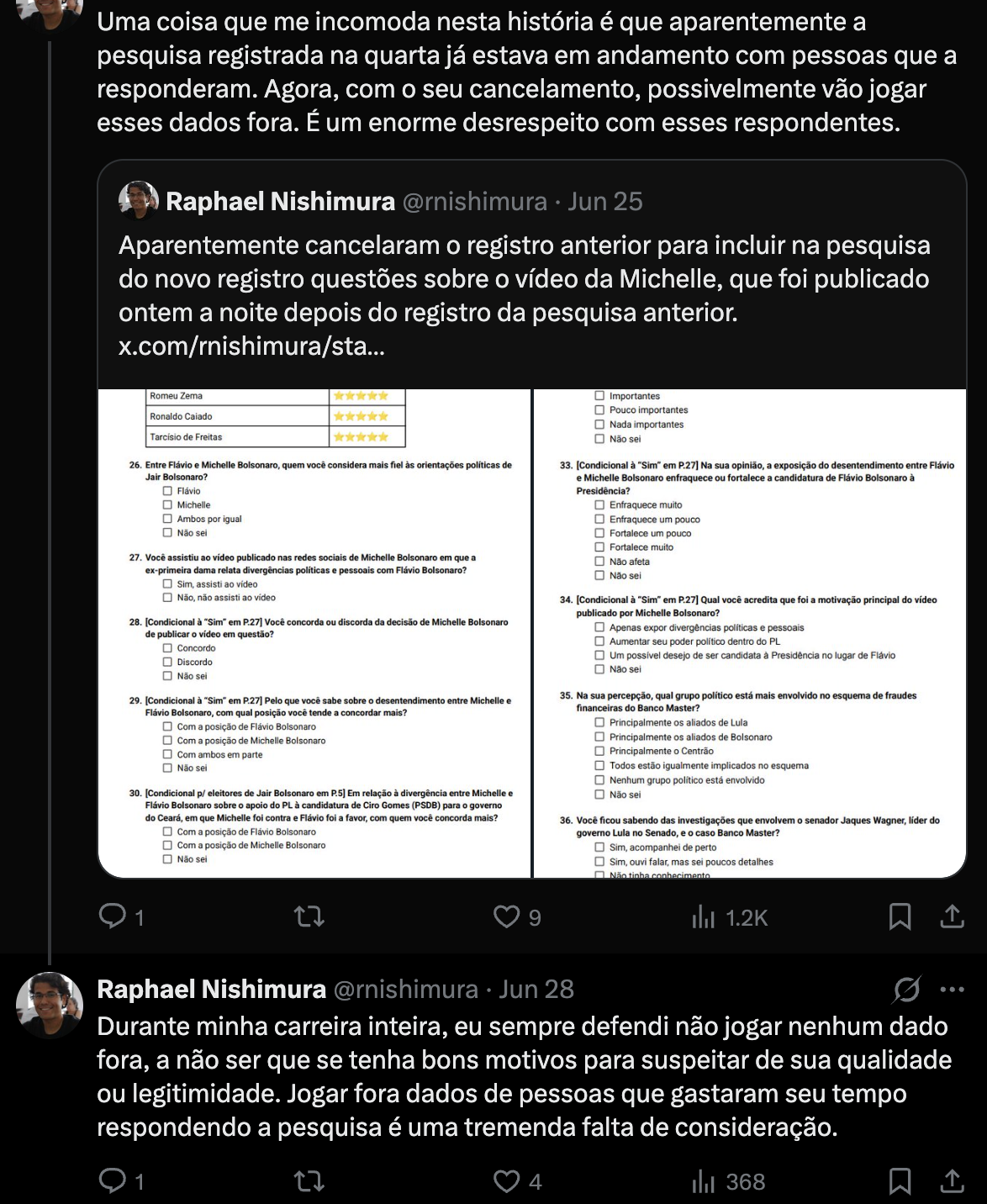 Capturas de Raphael Nishimura criticando o descarte dos dados da pesquisa anterior já em campo
