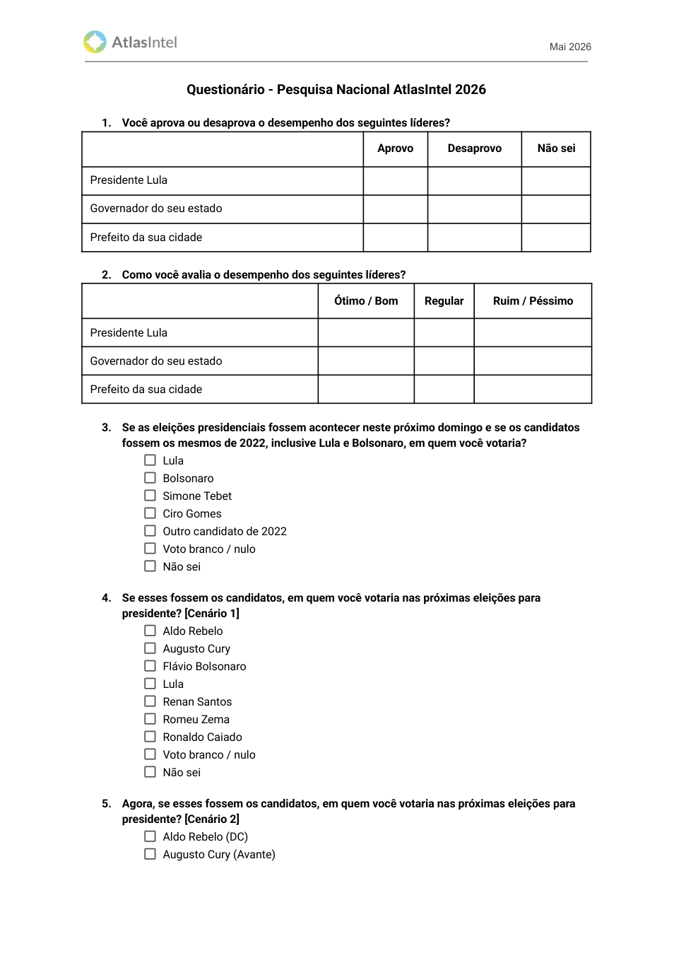 Início do questionário correto com aprovação e cenários eleitorais
