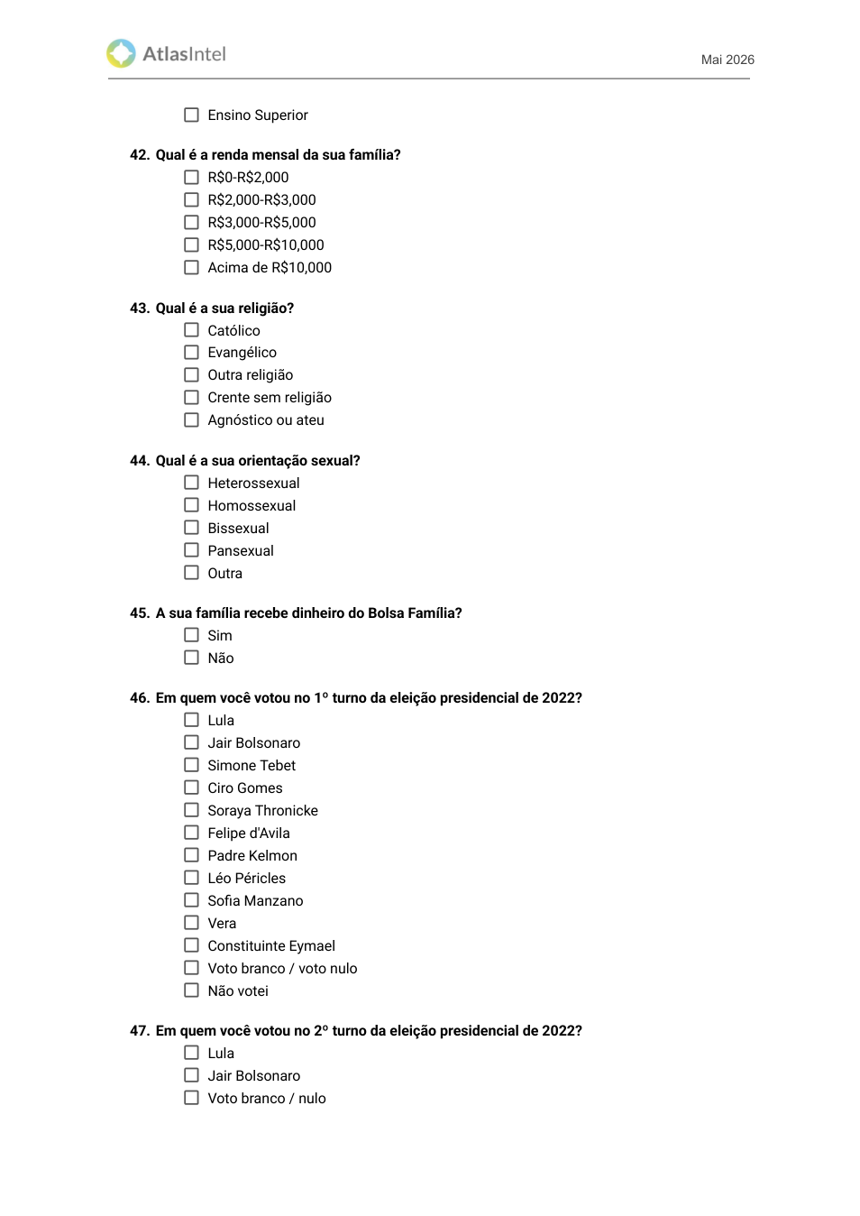 Questionário com demografia, renda, religião, Bolsa Família e voto em 2022