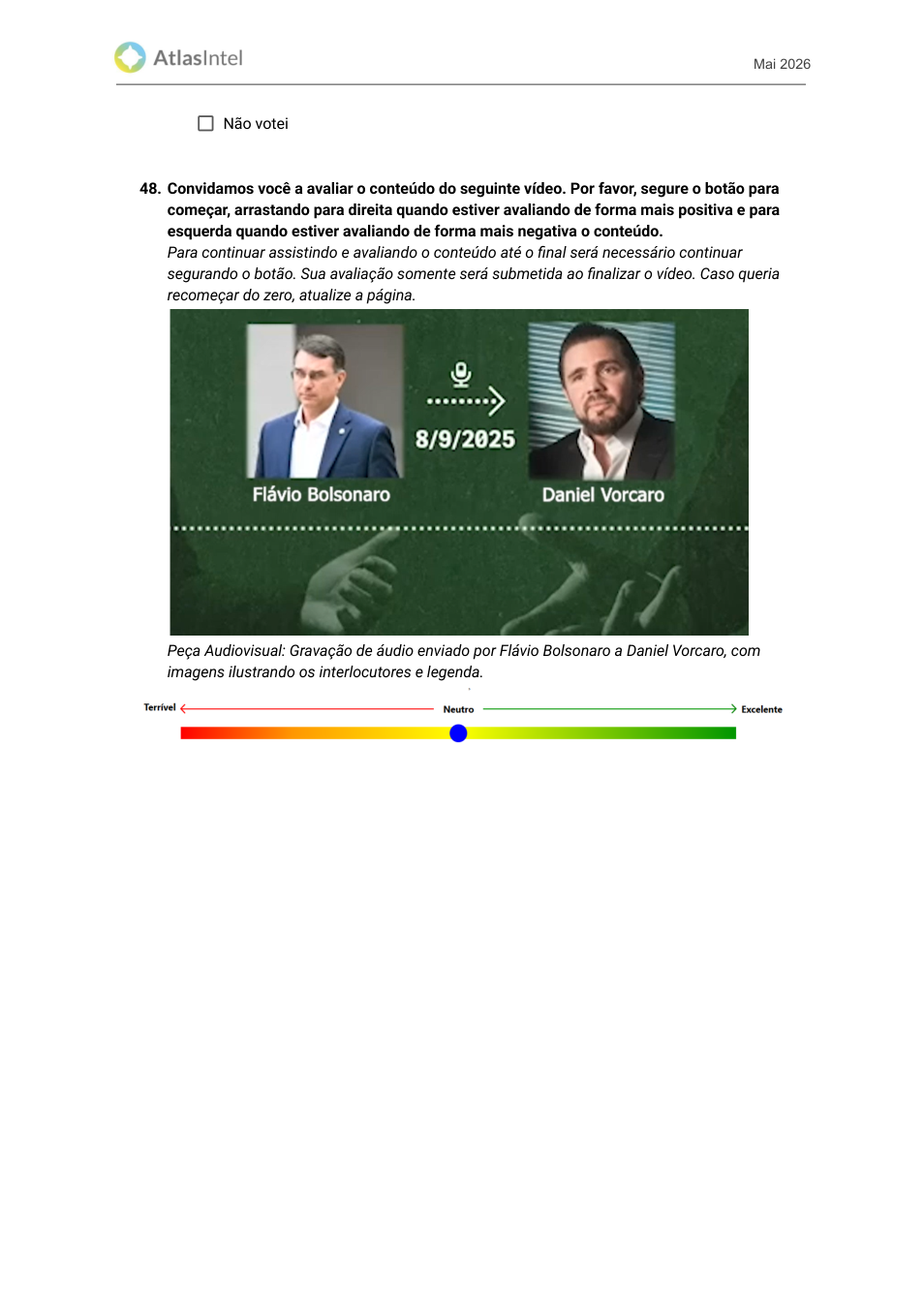 Página do questionário correto com peça audiovisual do áudio de Flávio Bolsonaro para Daniel Vorcaro