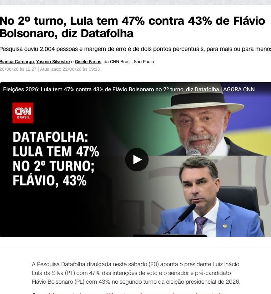 Print CNN Brasil: Lula tem 47% contra 43% de Flávio