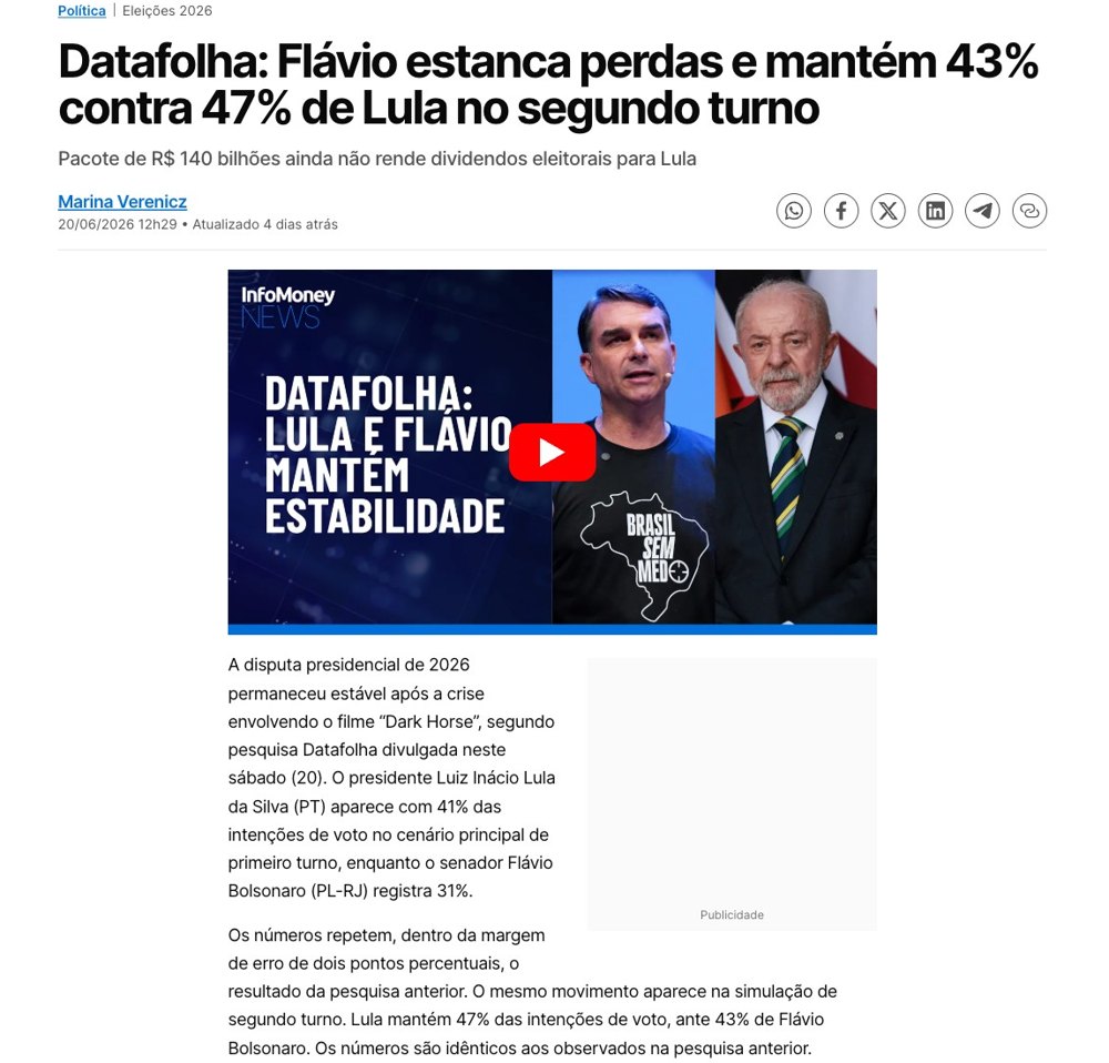 Print InfoMoney: Flávio estanca perdas e mantém 43% contra 47% de Lula