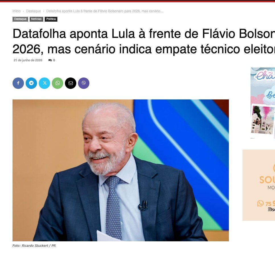 Print InfoSAJ: Lula à frente, mas cenário indica empate técnico