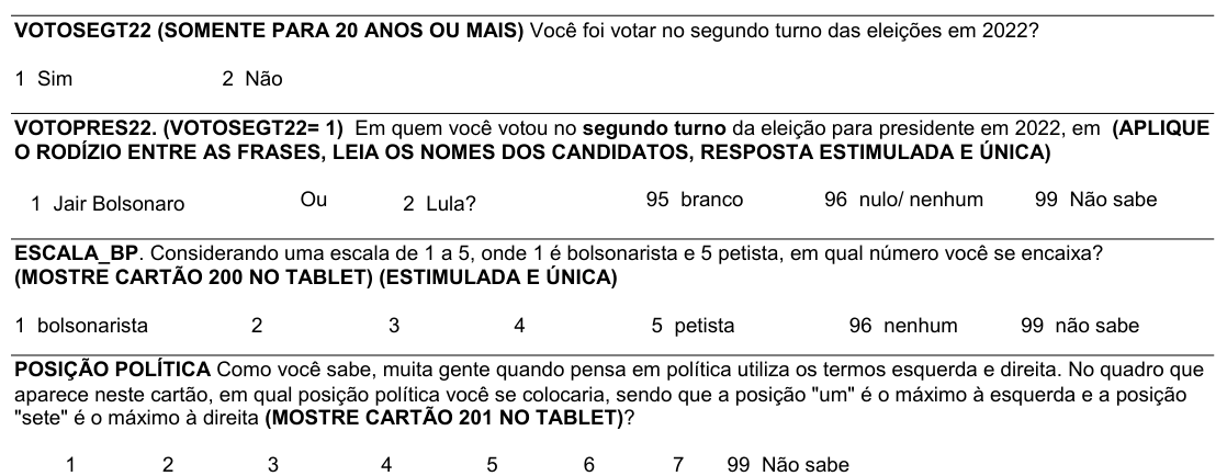 Trecho da página 3 do questionário com o voto de 2022, a escala bolsonarista-petista e a escala esquerda-direita