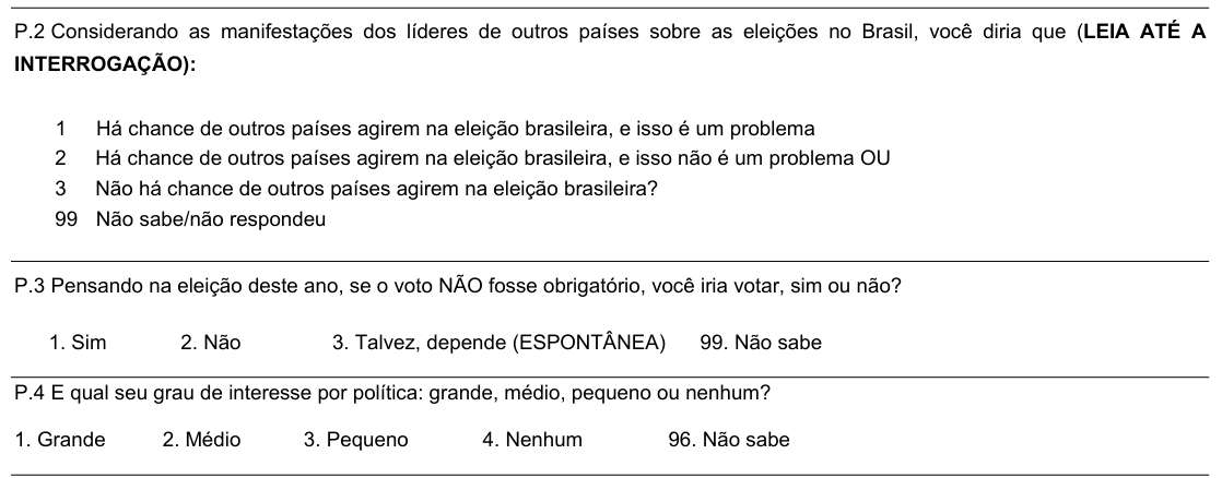 Trecho da página 3 do questionário Datafolha com as perguntas sobre interferência estrangeira, voto obrigatório e interesse por política