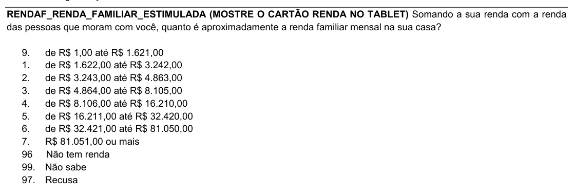 Cartão de renda familiar do questionário Datafolha, com oito faixas em reais