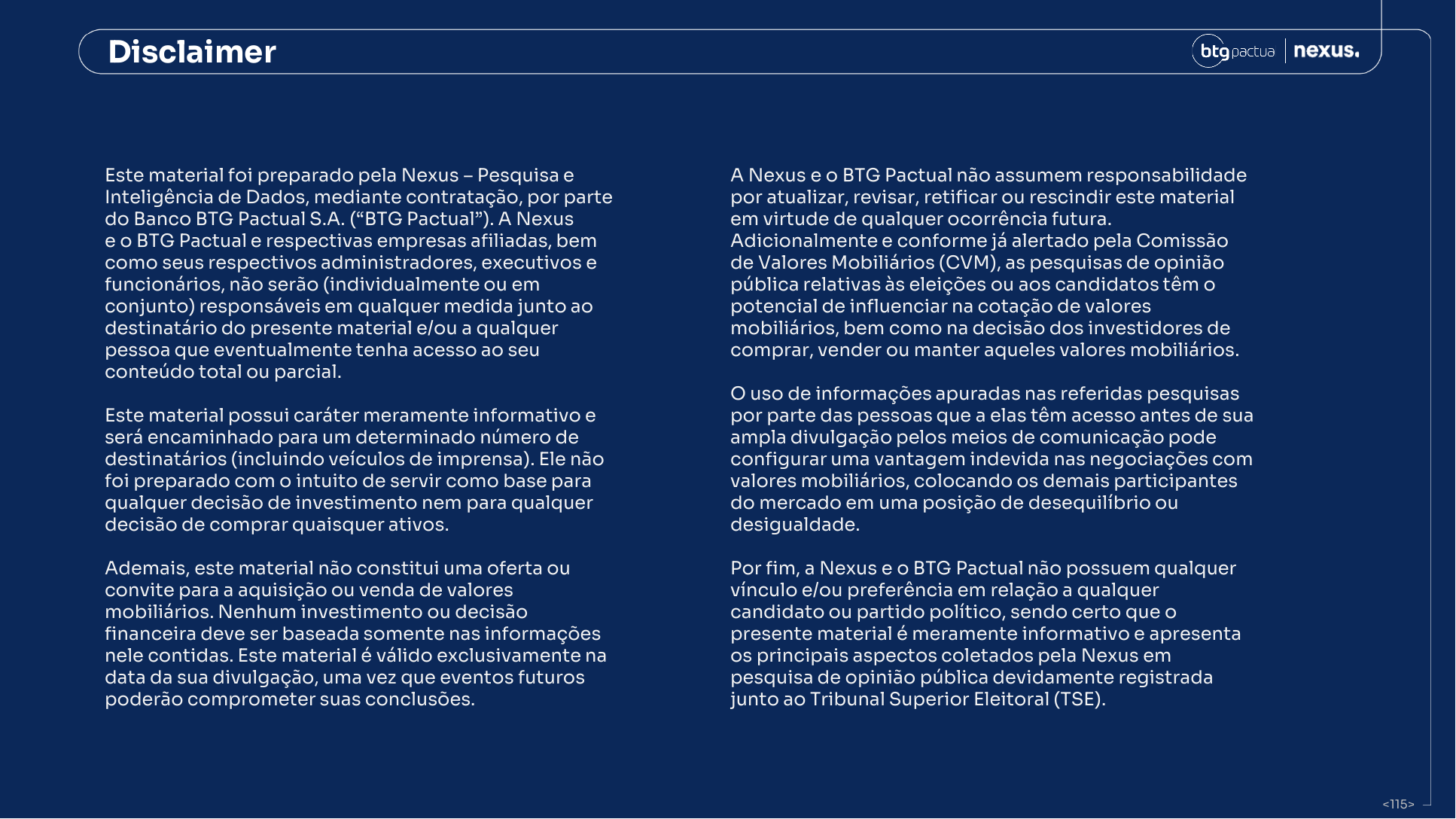 Disclaimer do relatório BTG/Nexus