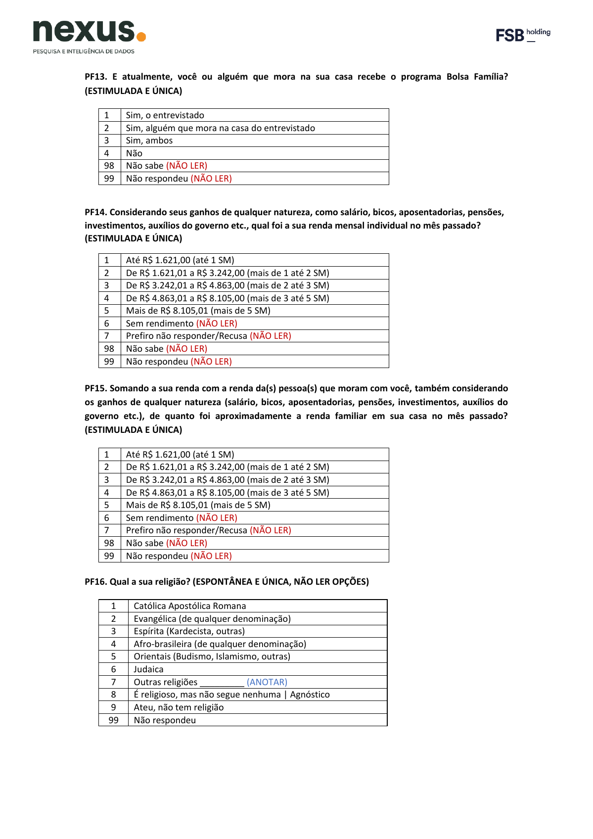 Questionário de renda Nexus