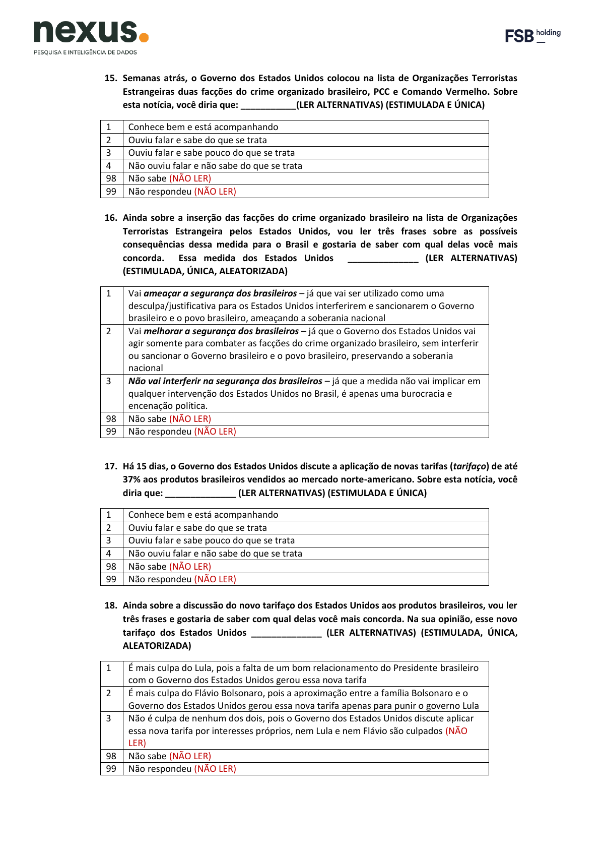 Página do questionário Nexus com bloco facções e tarifaço