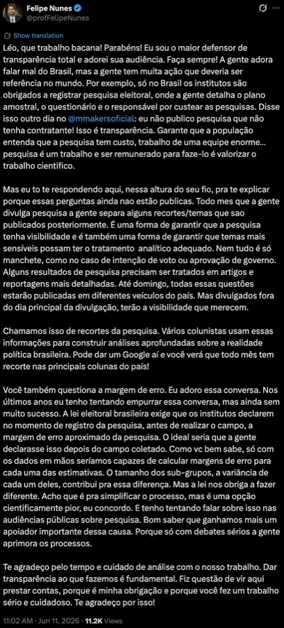 Resposta de Felipe Nunes em 11 de junho