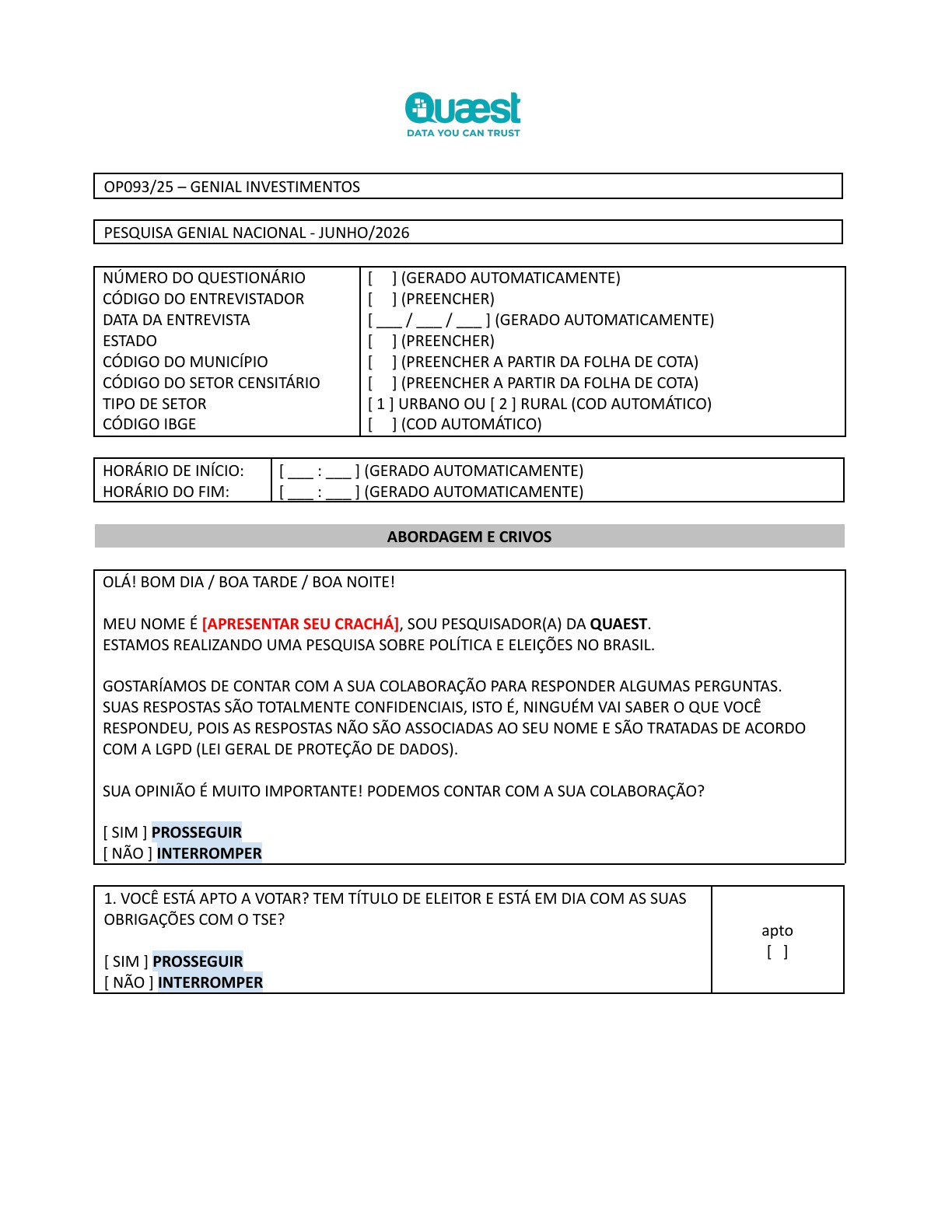 Primeira página do questionário de julho com identificação JUNHO/2026 e projeto OP093/25