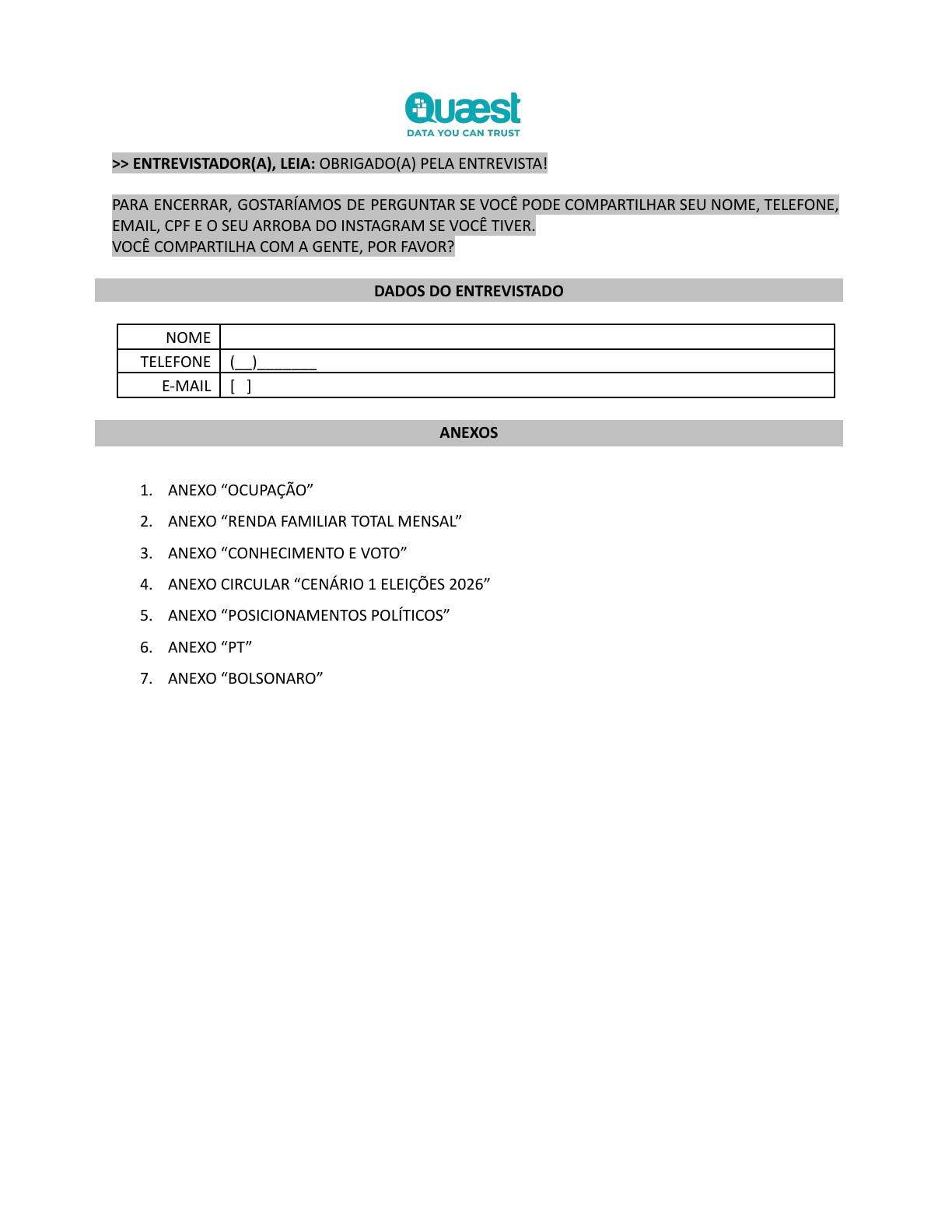 Página final do questionário pedindo CPF e Instagram, sem campos correspondentes impressos
