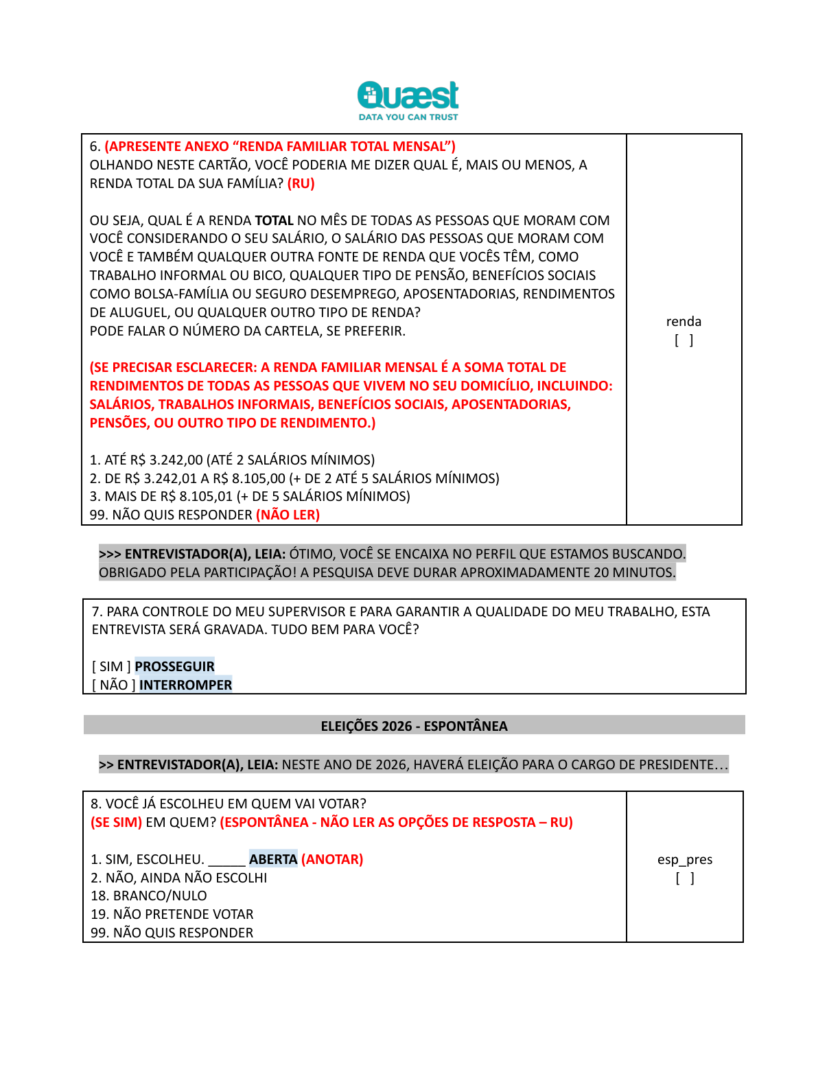 Pergunta de renda no questionario Quaest
